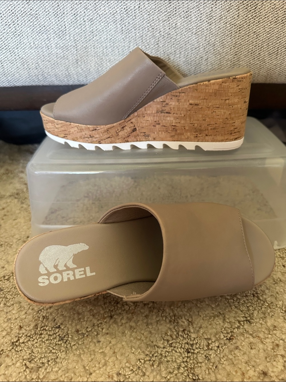 Sorel Taupe Leather Cork Wedge Slide